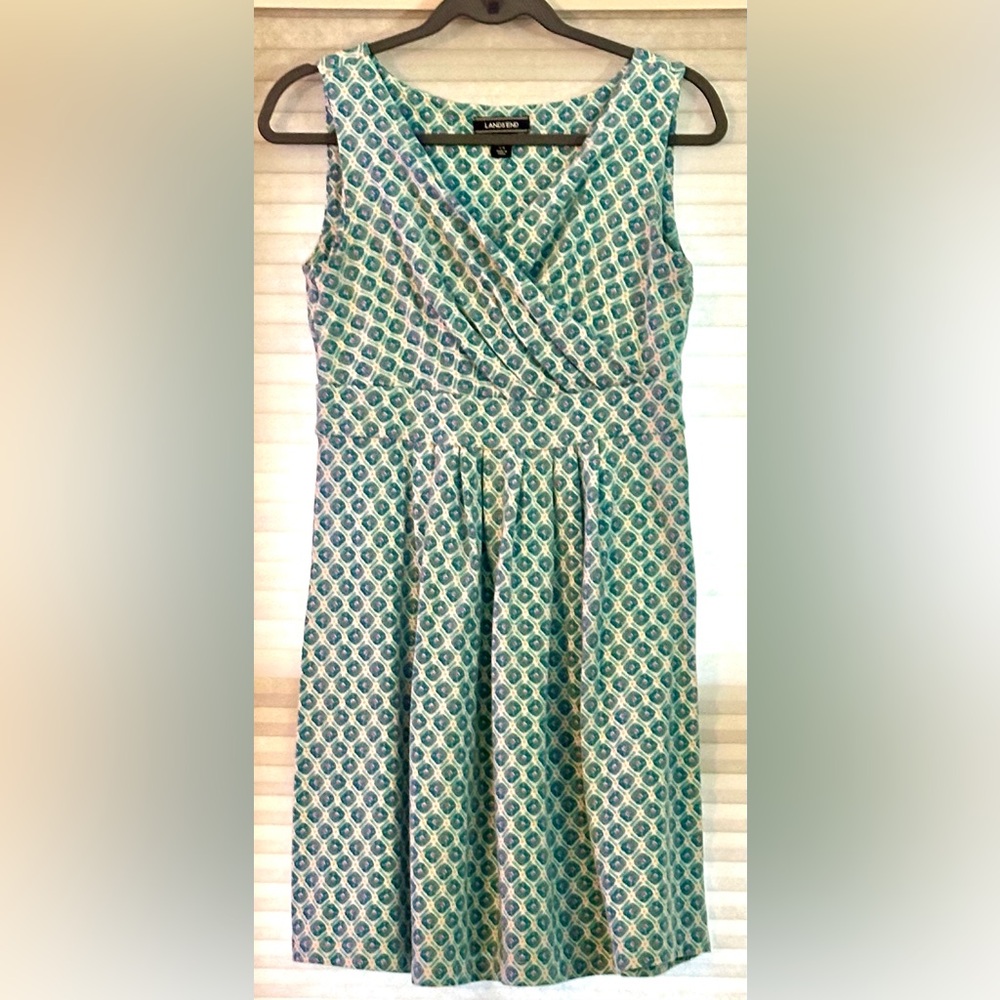 Faux wrap dress white with turquoise pattern fit and flare cotton blend petite